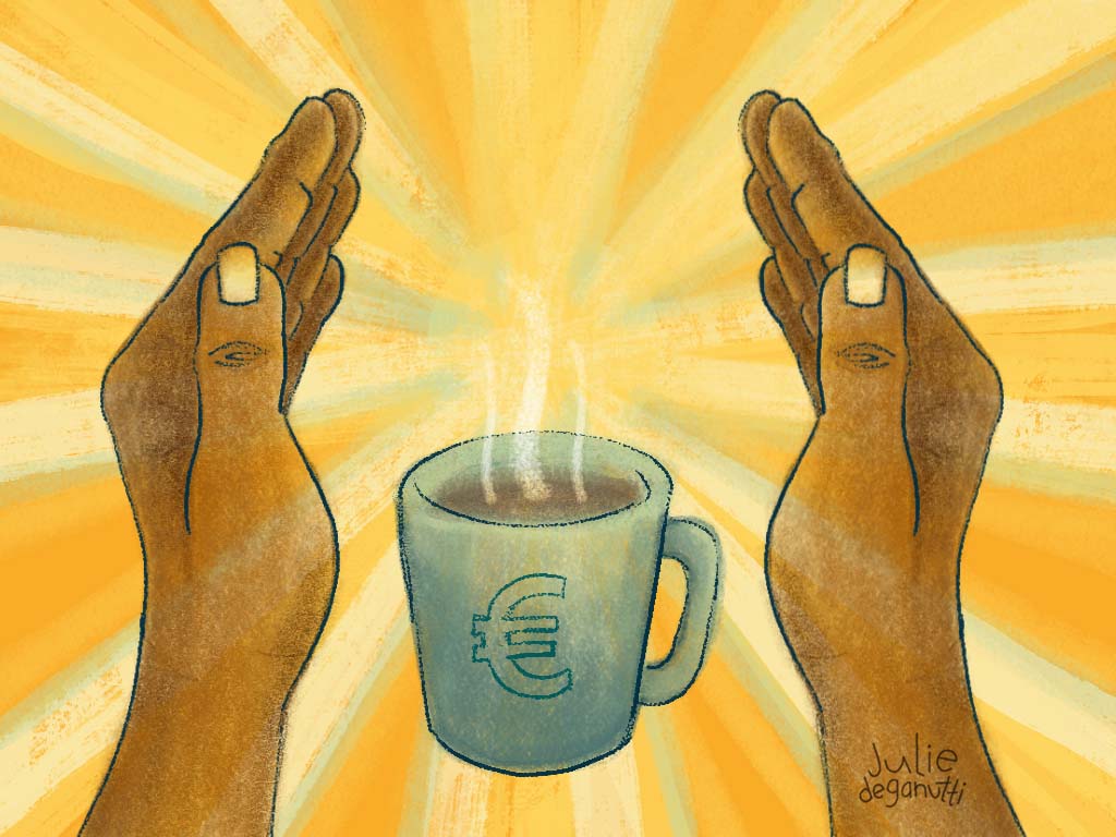 hands and coffee in the morning sun